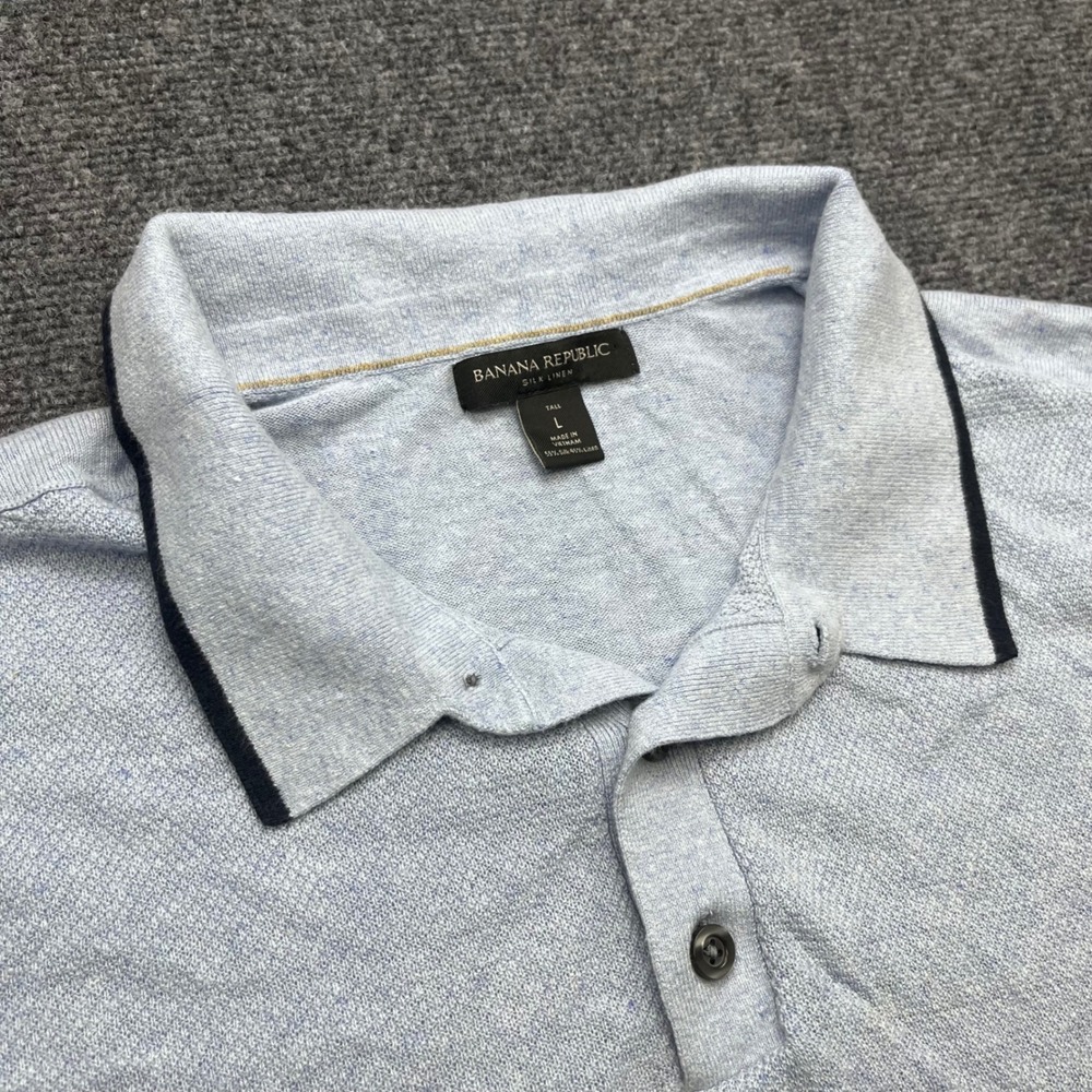 Banana Republic Silk Linen Knit Tipped Light Blue Heather Polo Shirt